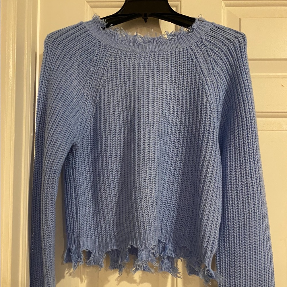 blue “destroyed” sweater. Size L but fits Like M